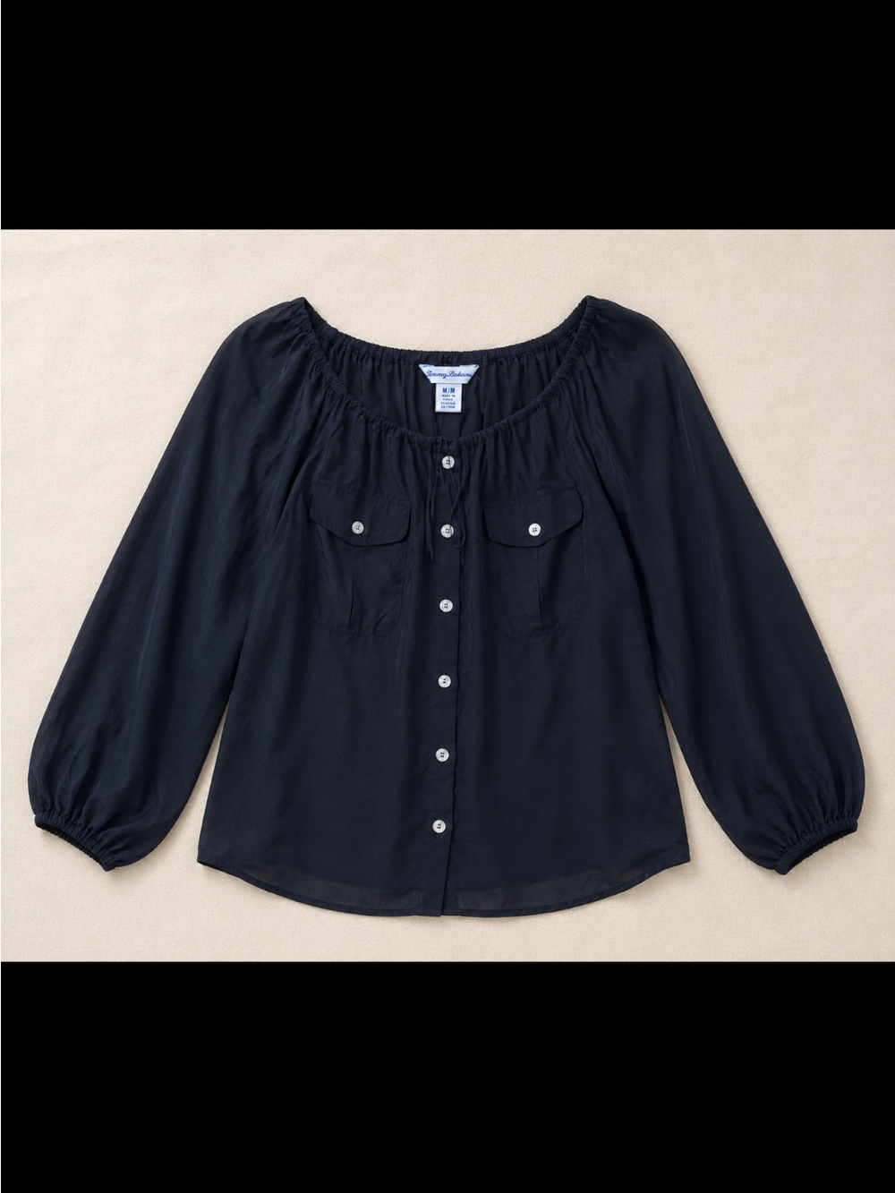 Tommy Bahama Mia Coast Silk Blend Peasant Blouse Woman Medium Black Boho Top